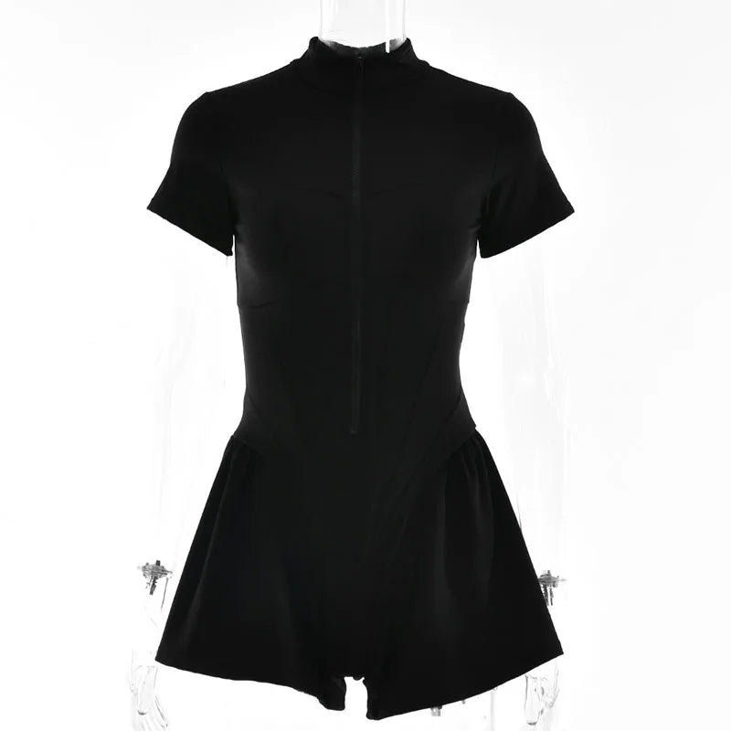 2025 Nieuwe dames jumpsuit effen kleur rits O-hals korte mouwen sport bodysuits dames zomer sexy slanke eendelige playsuits