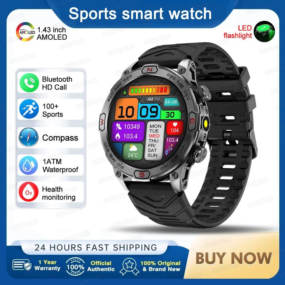 Outdoor Military Smart Watch Men Compass GPS Track Bluetooth Call IP68 Waterproof AMOLED Screen Smartwatch Compatible with Android IOS