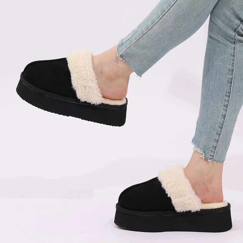 Women's Fluffy Plush Winter Shoes With Thick Sole Fuzzy Slides Suitable For Indoor and Outdoor Use With Anti-Slip Platform Fur Slippers