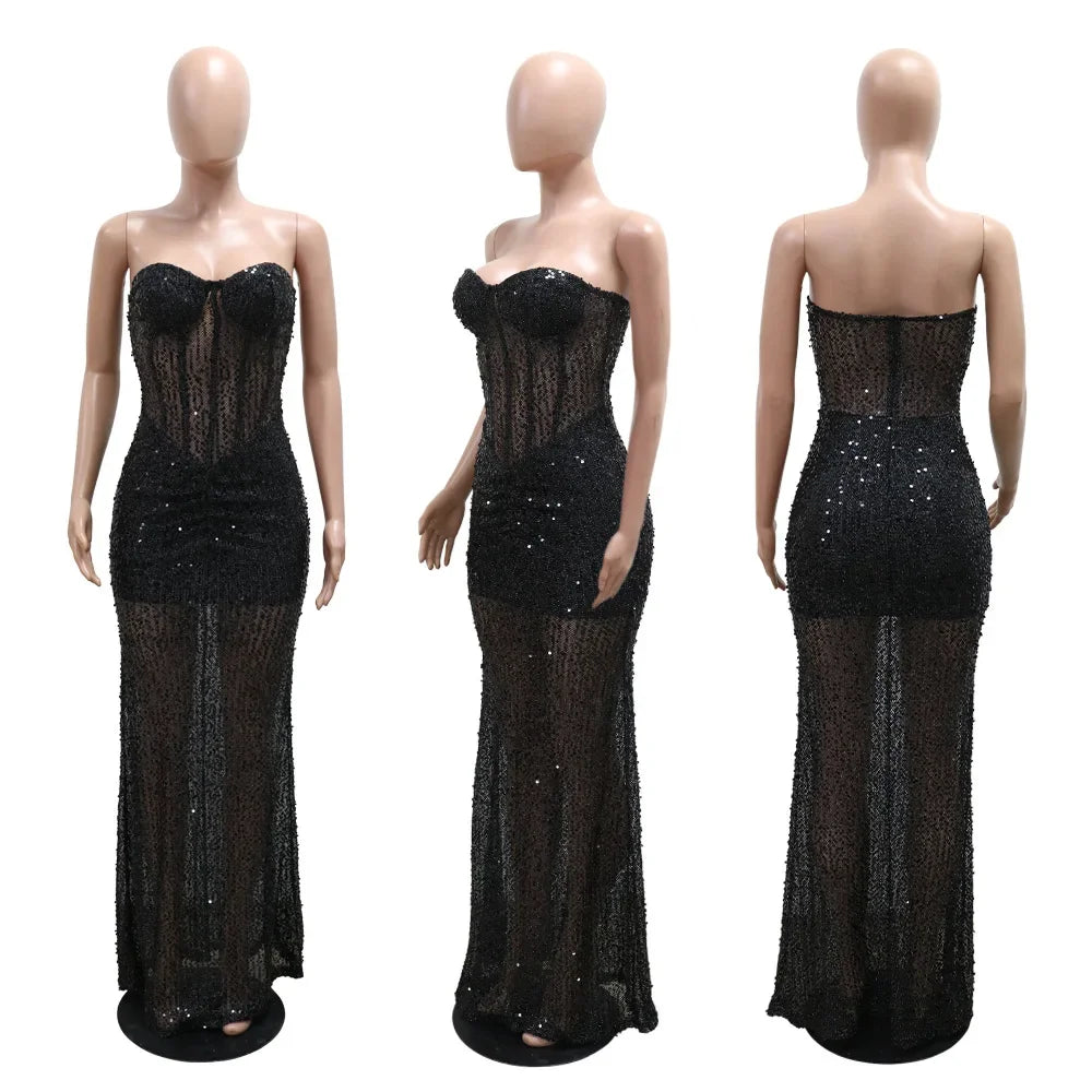 Sexy Strapless Sequin Party Dresses Long Cocktail Formal Prom Dress