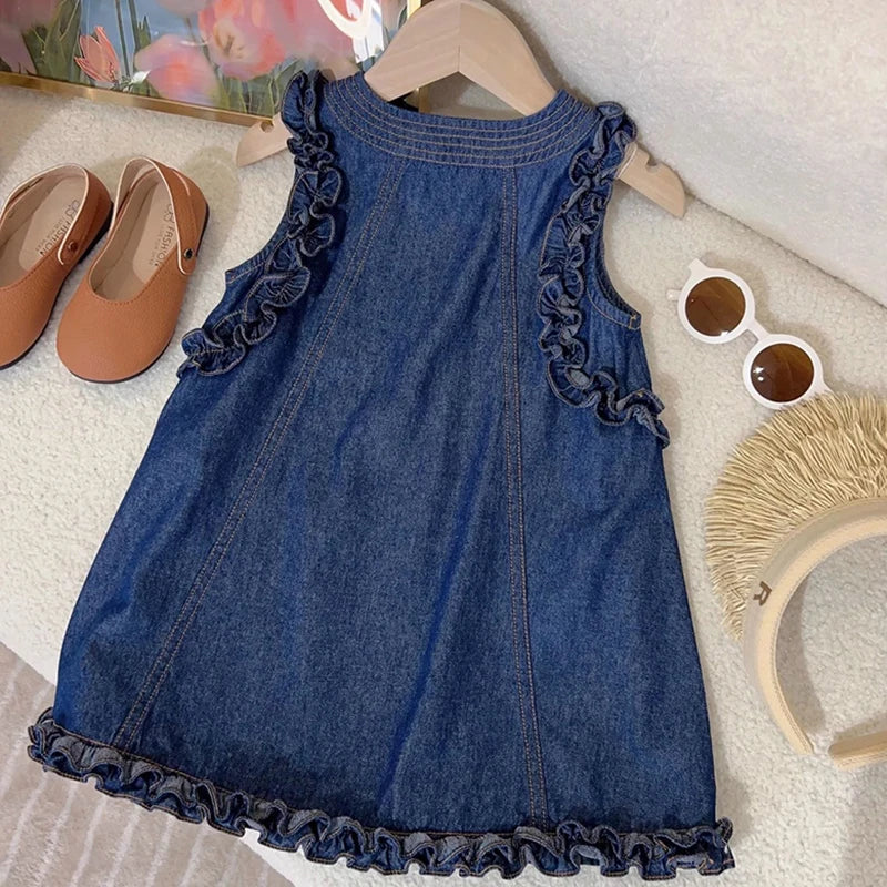 2024 New Summer Girl's Dress Kid's Sweet Denim Tank Dress Children Tops Outfit 1-7Y Girls