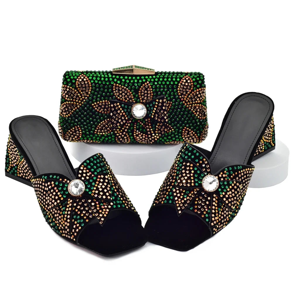 Nigeria Popular Design African Ladies Shoes and Bag Set Decorated with Rhinestone Wedding Shoes Bride Peep Toe Low Black Heels