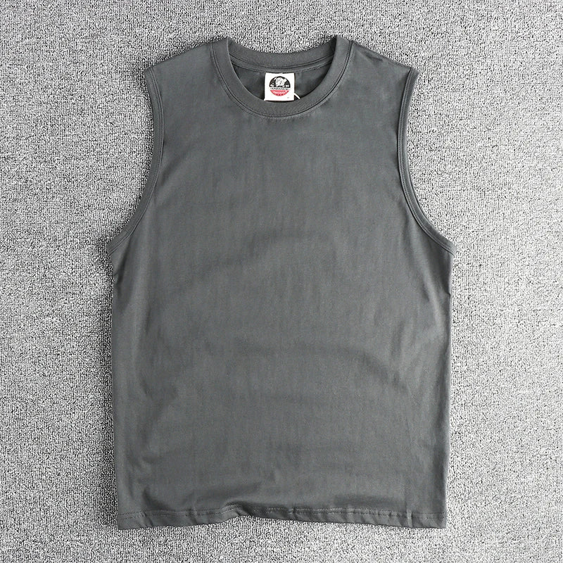 2025 Zomer Nieuw Amerikaans Retro Mouwloos O-hals Effen Kleur T-shirt Herenmode 100% Katoen Basketbal Sport Casual Vest