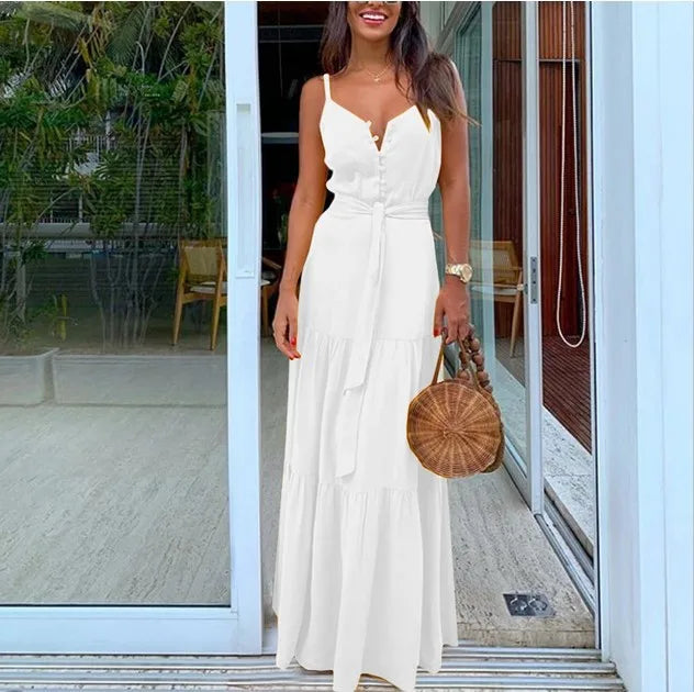 Summer New Women's Clothing European Style Unique Button V-neck Spliced Tank Dress Long Dress Sleeveless