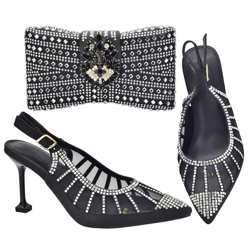 2025 Italian Shoes and Bags Matching Set Decorated with Rhinestone Plus Size Heels