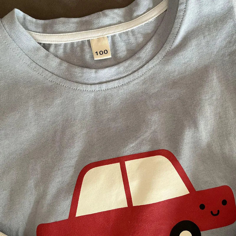 New Summer Kids Clothes Suit Children Cute Cartoon Car T-shirt + Shorts Boys Thin Style 2PCS Outfit 1-4Y Unisex