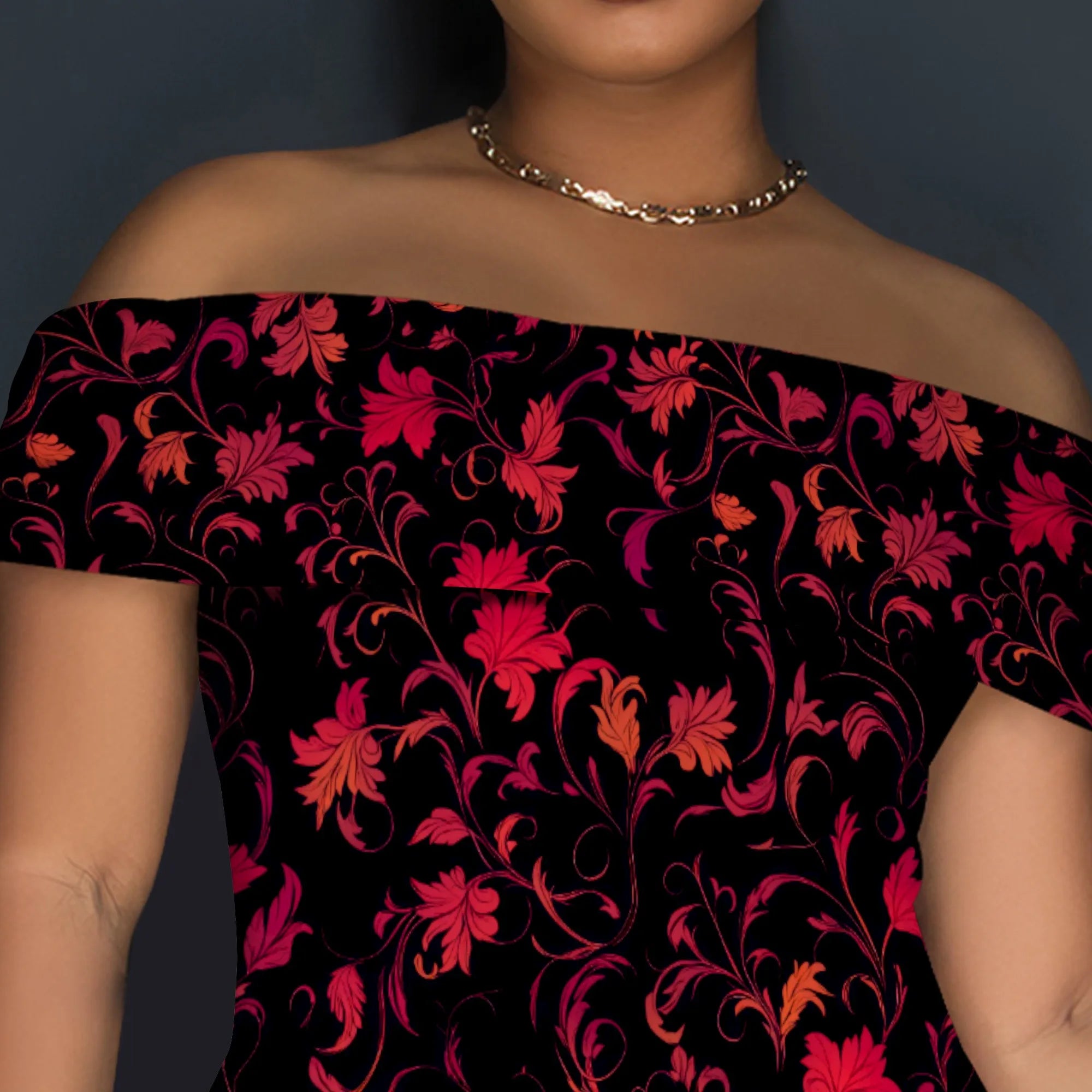 Vintage Floral Off Shoulder Maxi Dress Women Elegant Red Print Bodycon Long Gown Evening Look