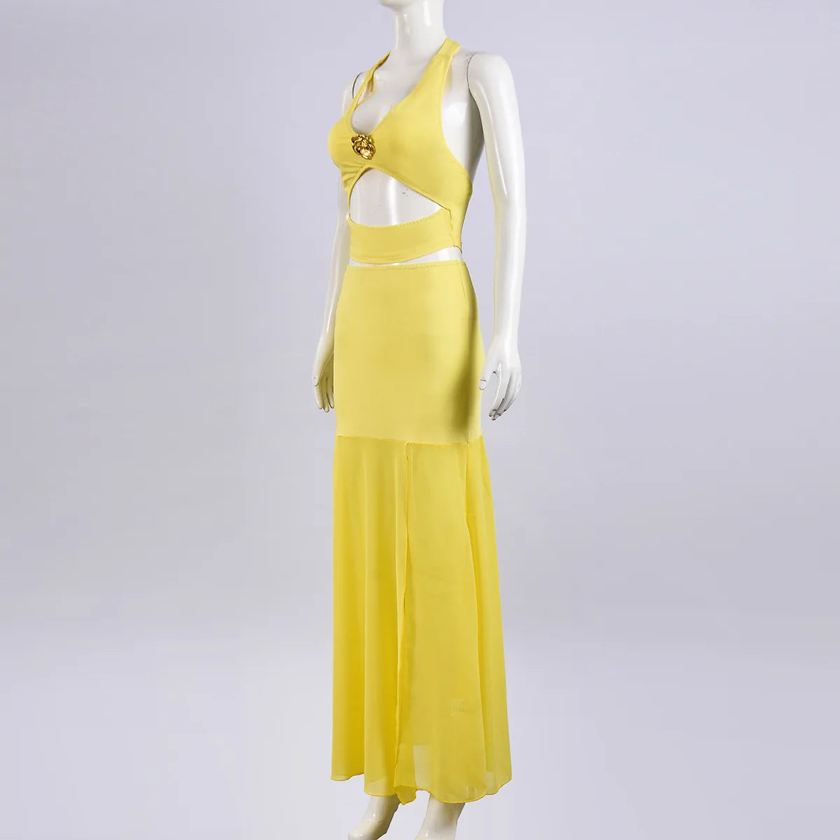 Sexy Fashion 2 Piece Set Women Metal Flower Decoration Halter Hollow Tops + Mesh Patchwork Long Skirts Elegant Outfits