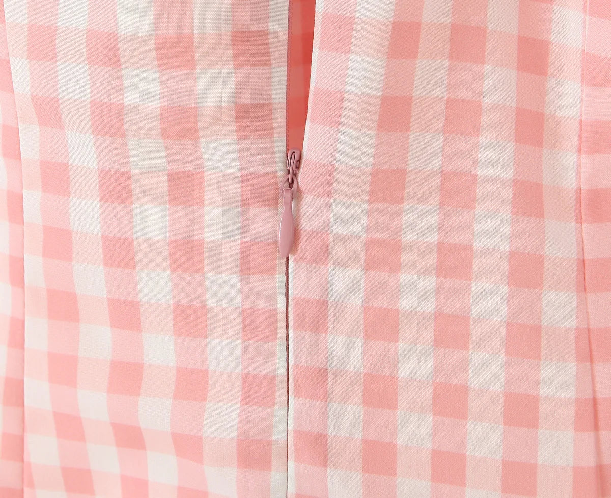 Summer Women Sexy Backless Pink Plaid Halter Dress Low Waist Elegant Party Dresses Holiday Robe