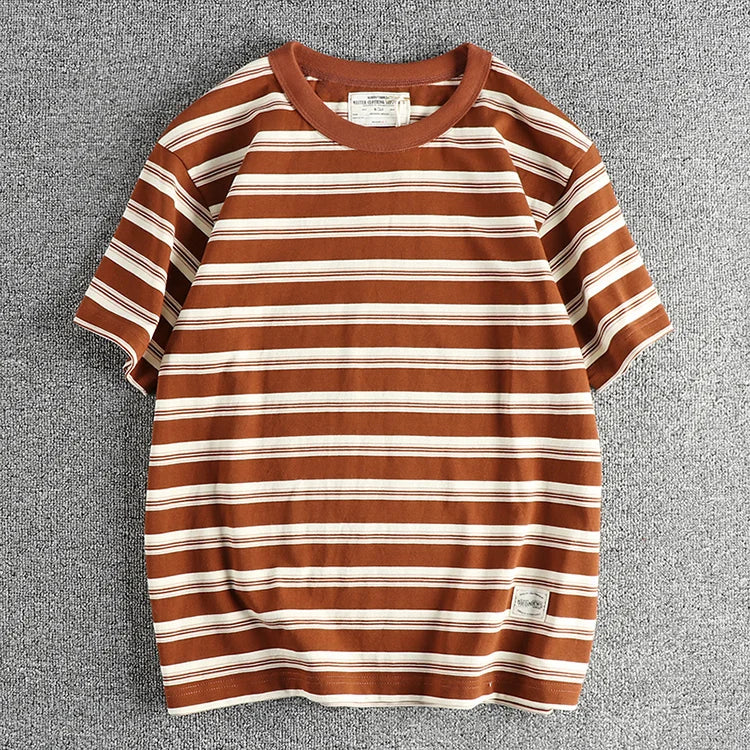 2024 Summer New American Retro 240g Short Sleeve O-neck Striped T-shirt Men's Simple 100% Cotton Washed Heavyweight Casual Tops