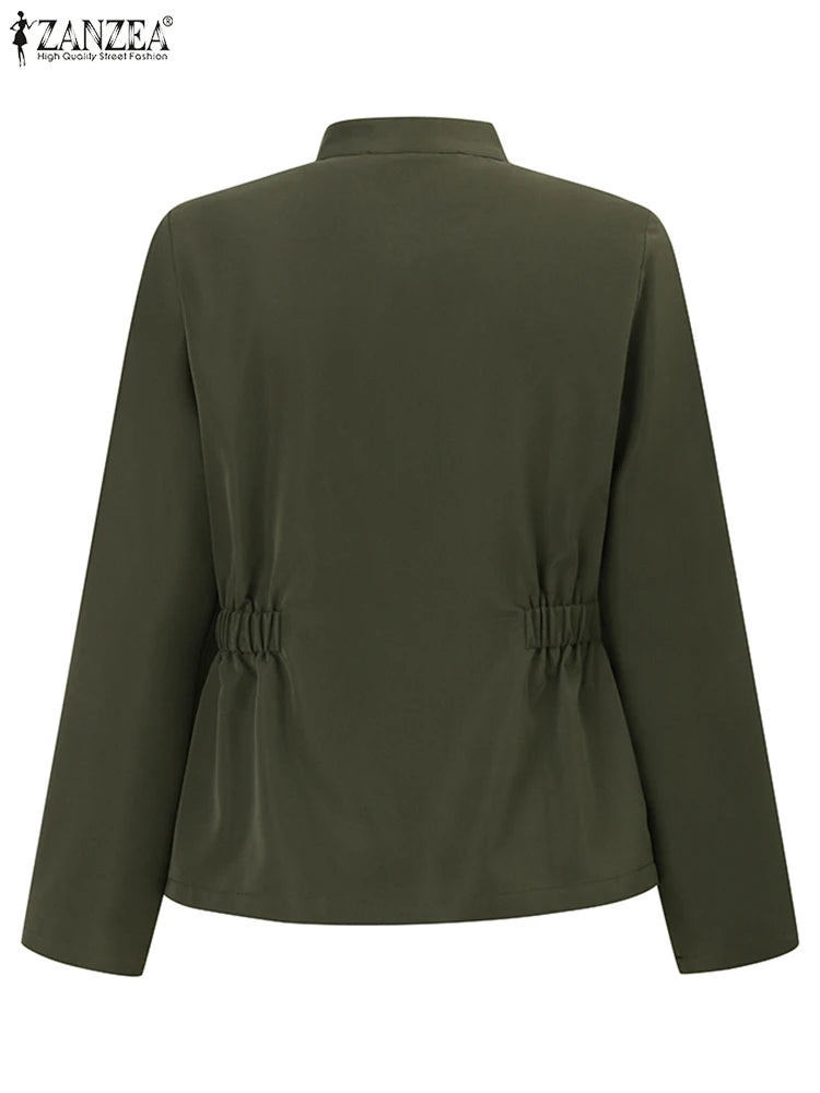 Autumn Fashion Work Over Shirts Woman Long Sleeve Stand Collar Cargo Shirts Casual Streetwear Camacas Vintage Outwear