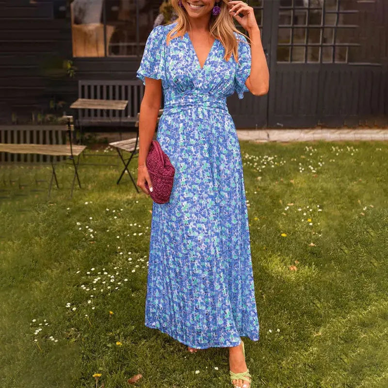 Summer Elegant Fragmented Flower Dress Women Fashion Beach Style V-neck Bubble Sleeves Long Dress Women