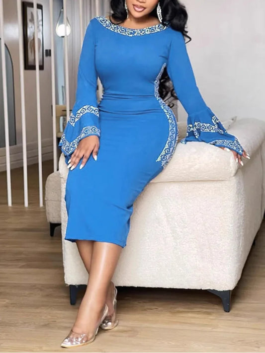 Women's Casual Solid Color V Neck Flare Sleeve Rhinestone Decor Backless Midi Pencil Dress