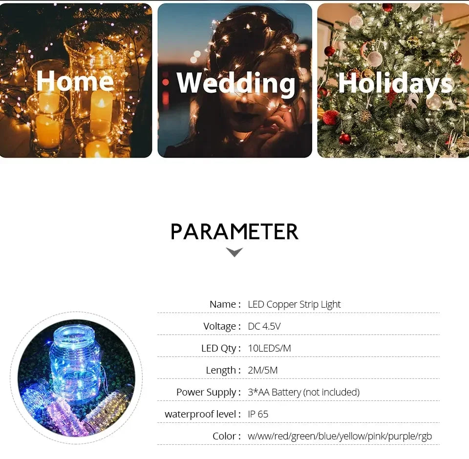 2M 5M 10M LED-lichtsnoer op batterijen, koperdraad, slingerverlichting, buiten, tuin, bruiloft, feest, kerstboomdecoratie