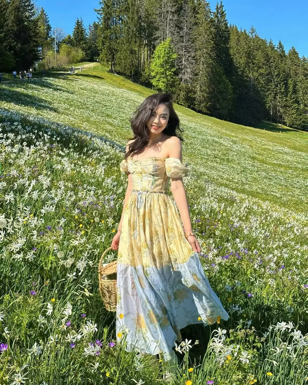 Patchwork Floral Print Boho Summer Dresses Women Vintage Puff Sleeve A-line Midi Chiffon Dress Chic Lady Vacation Robe