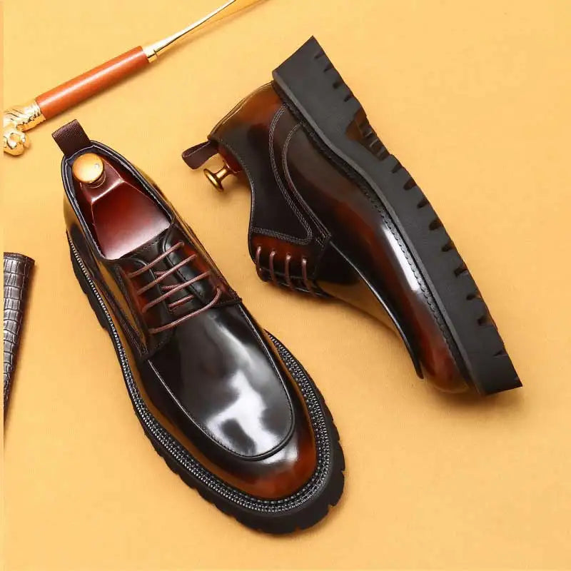 Designer Men's Leather Shoes With Thick Soles Round Toe Glossy Leather Business Dress and Waxed Cowhide Lace-Up British Shoes