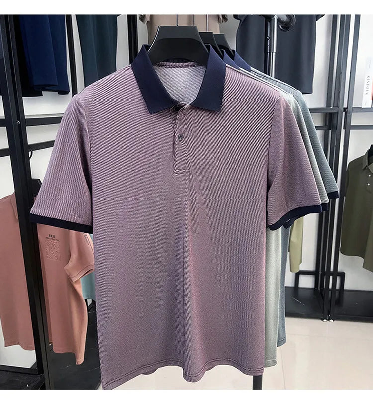 Men’s Breathable Polo Shirt – Stretch Fabric & Striped Design for Office/Casual Use Elastic Comfort and Classic Collar M-4XL