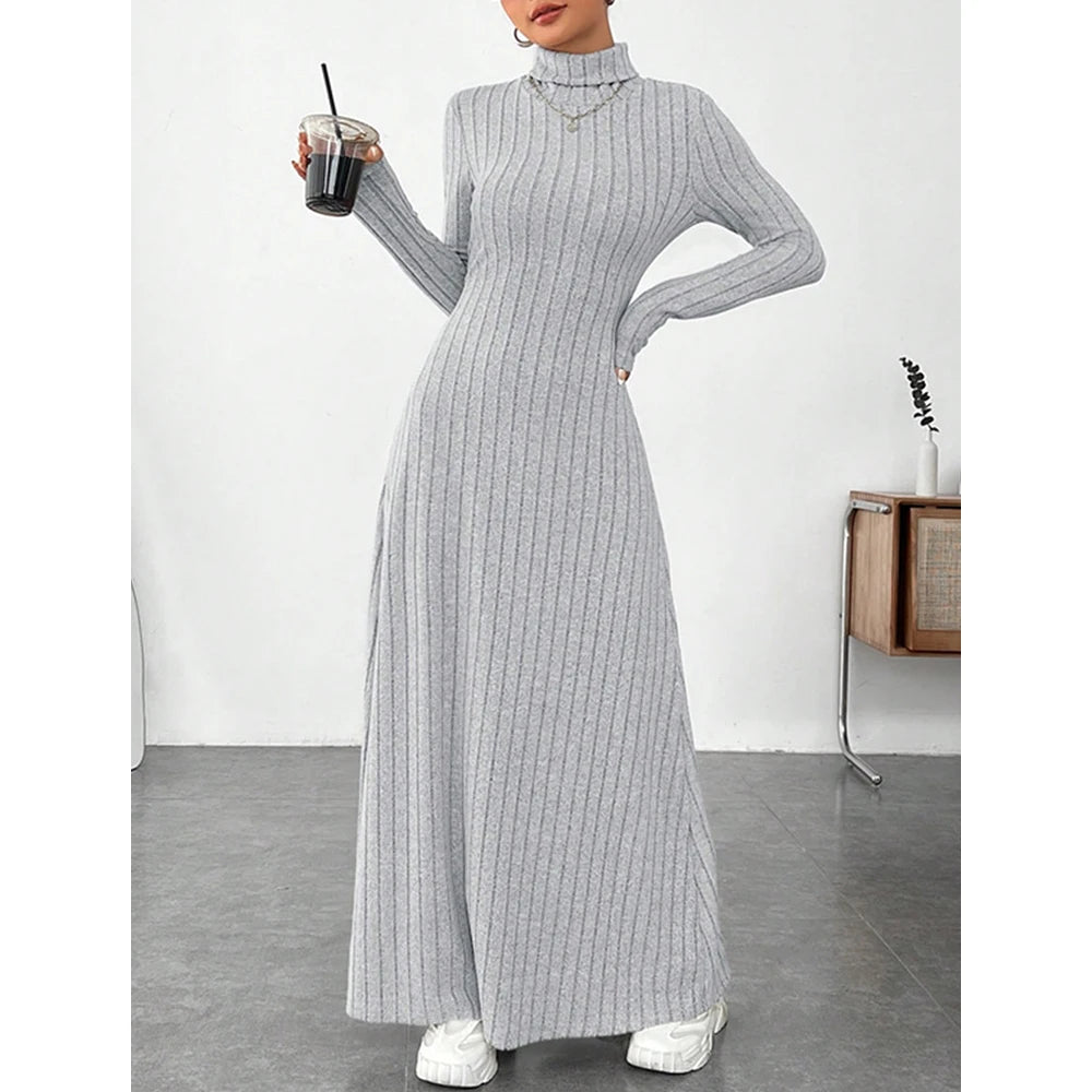 Women's Dresses Autumn Winter Decent Simple Solid Colour Long Sleeve High-Neck Maxi Wrap Casual Dresses