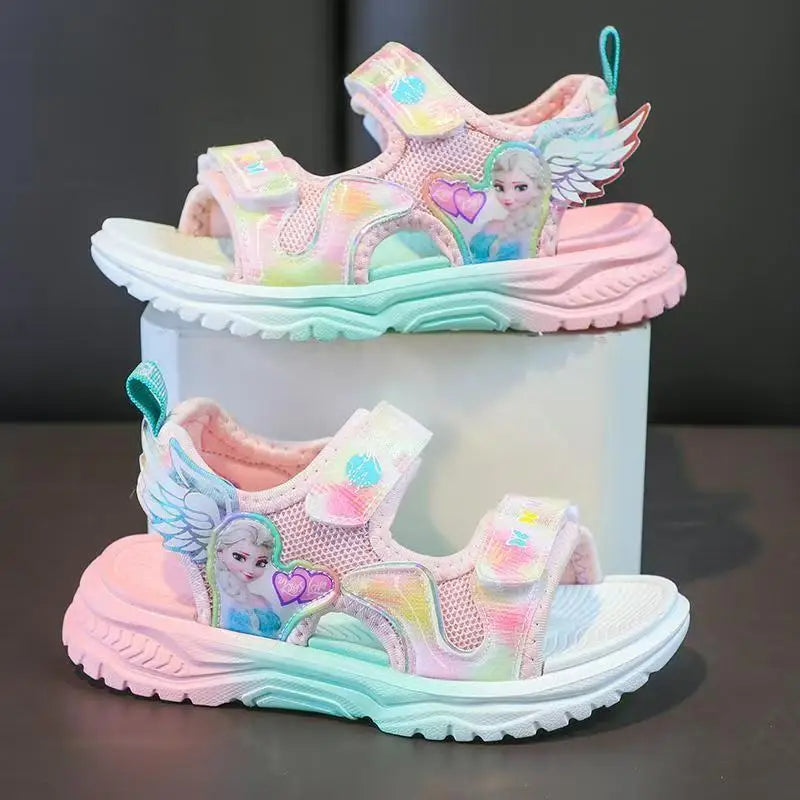 Disney Children Shoes Summer Elsa Girls Mesh Beach Sandals Fashion Frozen Princess Soft Bottom Light Peep Toe Sandals Size 26-36