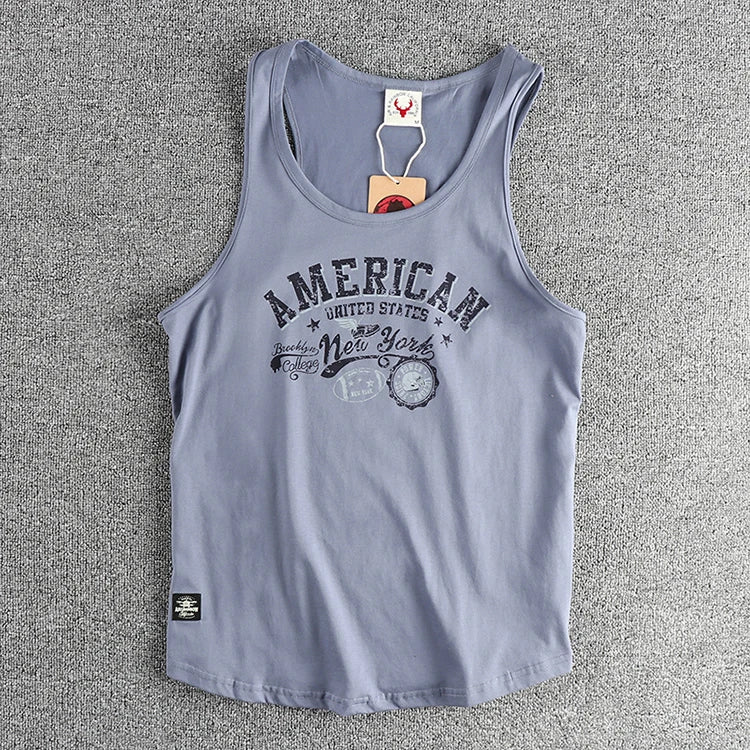 Summer New American Retro Sleeveless O-neck Letter Printed T-shirt Men's Fashion 100% Cotton Washed Casual Sports Vest Tops