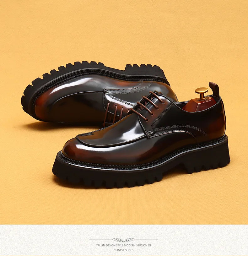 Designer Men's Leather Shoes With Thick Soles Round Toe Glossy Leather Business Dress and Waxed Cowhide Lace-Up British Shoes