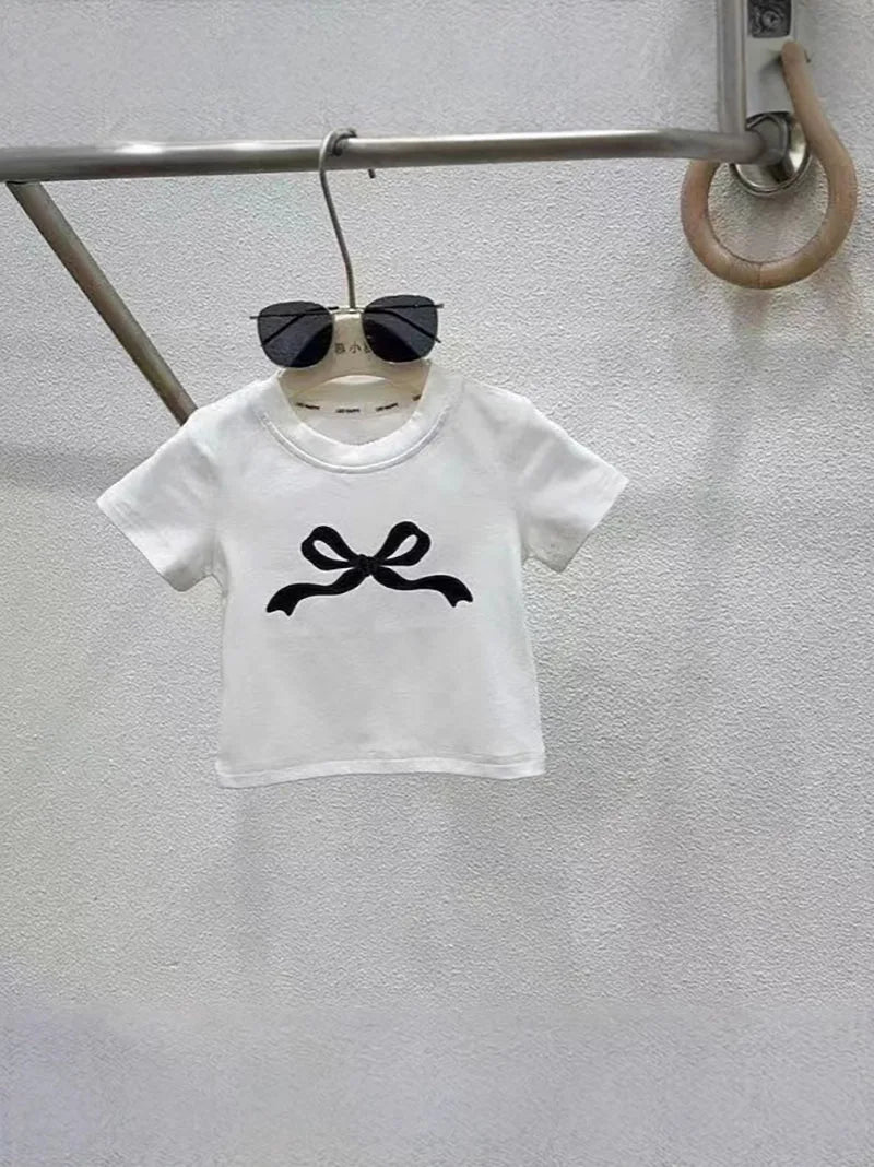 2PCS Children's Summer Clothes Set Girls Bow Colour Blocked Top + Solid Colour Straight Leg Jeans Outfit For Kids 4-6Y