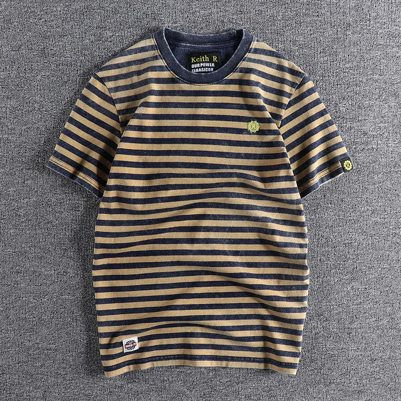 Summer New Japanese Retro Short Sleeve Striped T-shirt Men's Fashion 100% Cotton Slim Simple Round Neck Washed Old Casual Tops