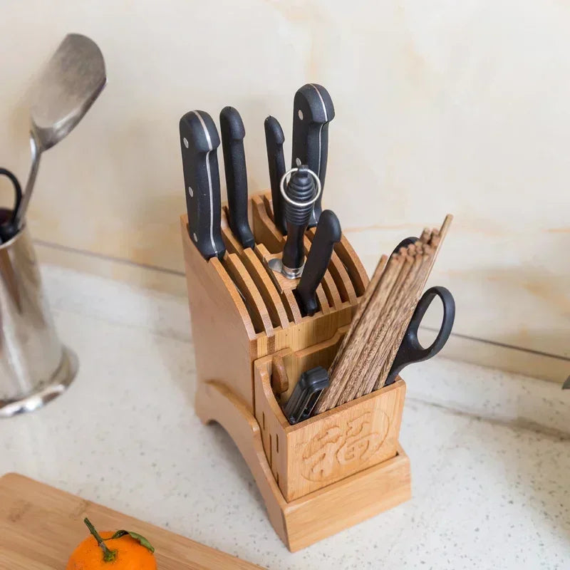 Wood Kitchen Knife Holder Bamboo Scissors Chopsticks Gadget Storage Shelf Rack Knife Block Stand Organizer Accessories