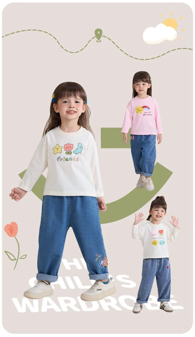 New Spring Girls Boys Cute T-shirt Kids Cartoon Letter Star Flower Undershirts Children Thin Style Bottoming Shirt 7T Unisex