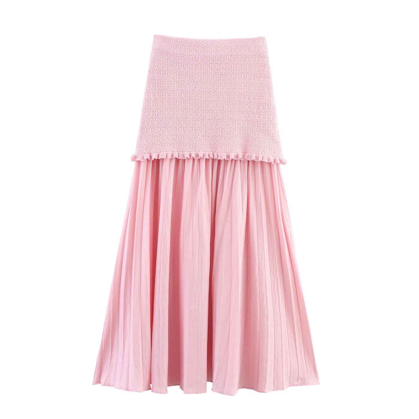 Elastic High Waist Patchwork Knit Skirt for Women Pleated Hem Elegant Long Ankle-Length Polyester Faldas Mujer