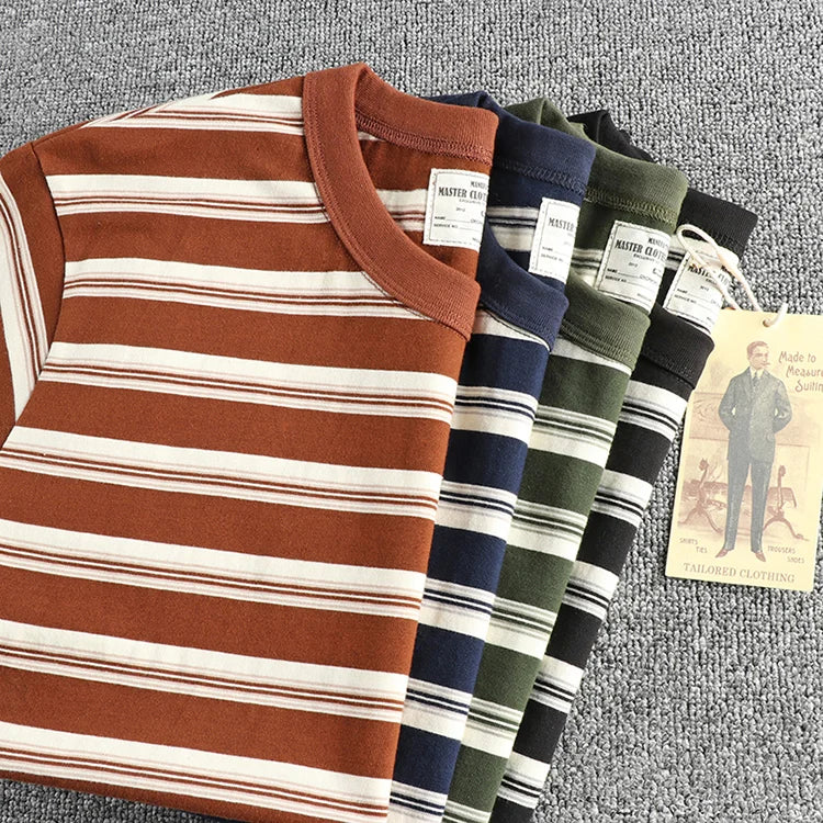 2024 Summer New American Retro 240g Short Sleeve O-neck Striped T-shirt Men's Simple 100% Cotton Washed Heavyweight Casual Tops