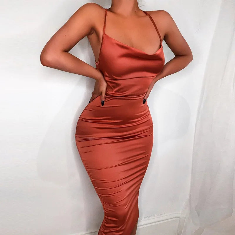 Neon Satin Lace Up Women's Long Midi Dress Light Pink Bodycon Backless Elegant Party Sexy Club Clothes Summer Dinner Outfit