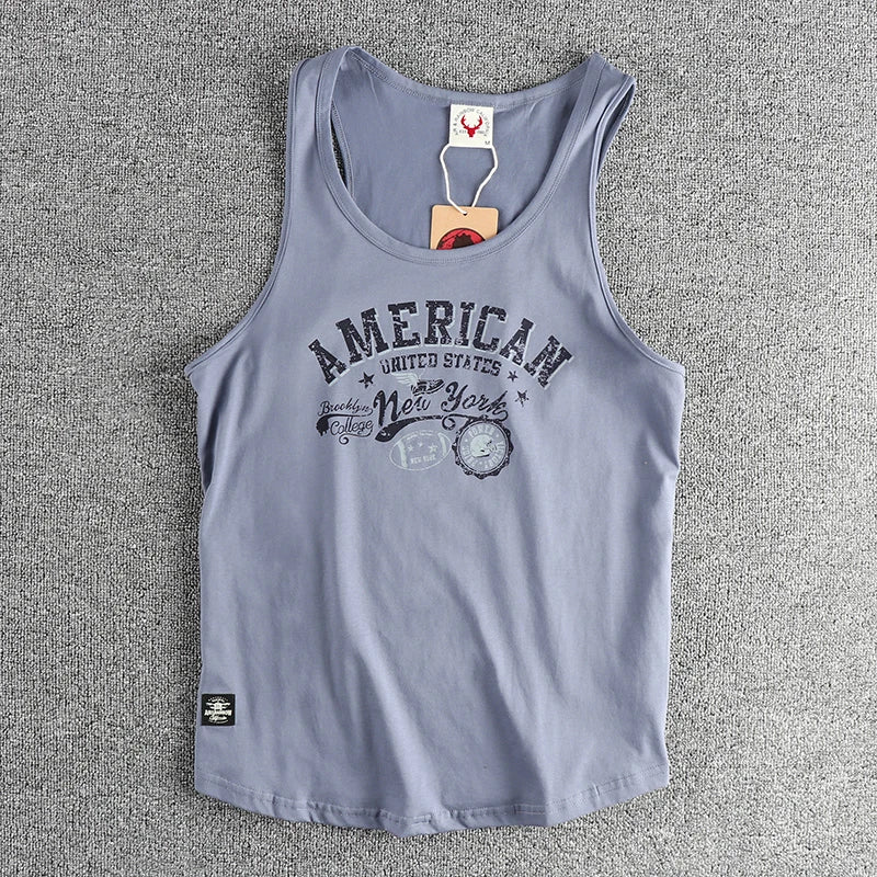 Summer New American Retro Sleeveless O-neck Letter Printed T-shirt Men's Fashion 100% Cotton Washed Casual Sports Vest Tops