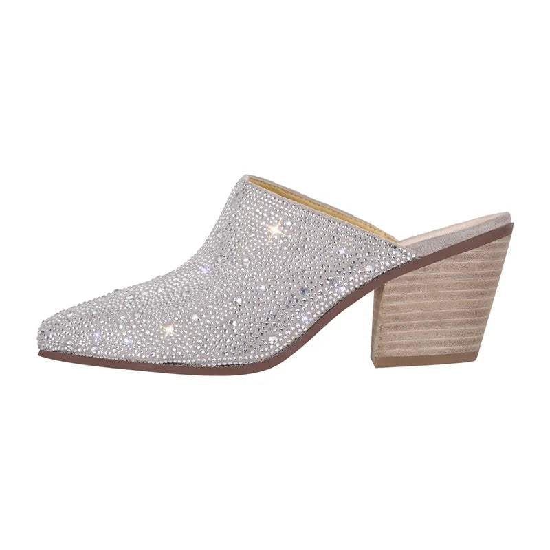 Women Pointed Toe Rhinestone Mules Glitter Bling Shiny Pretty Sparkly Gorgeous Chunky Heel Slip On Summer Slipper