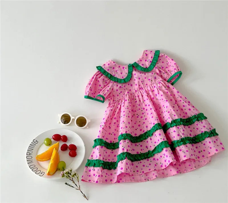 Summer Girls Clothing Dot Children Dress Pink Dresses for Kids 1-5Y