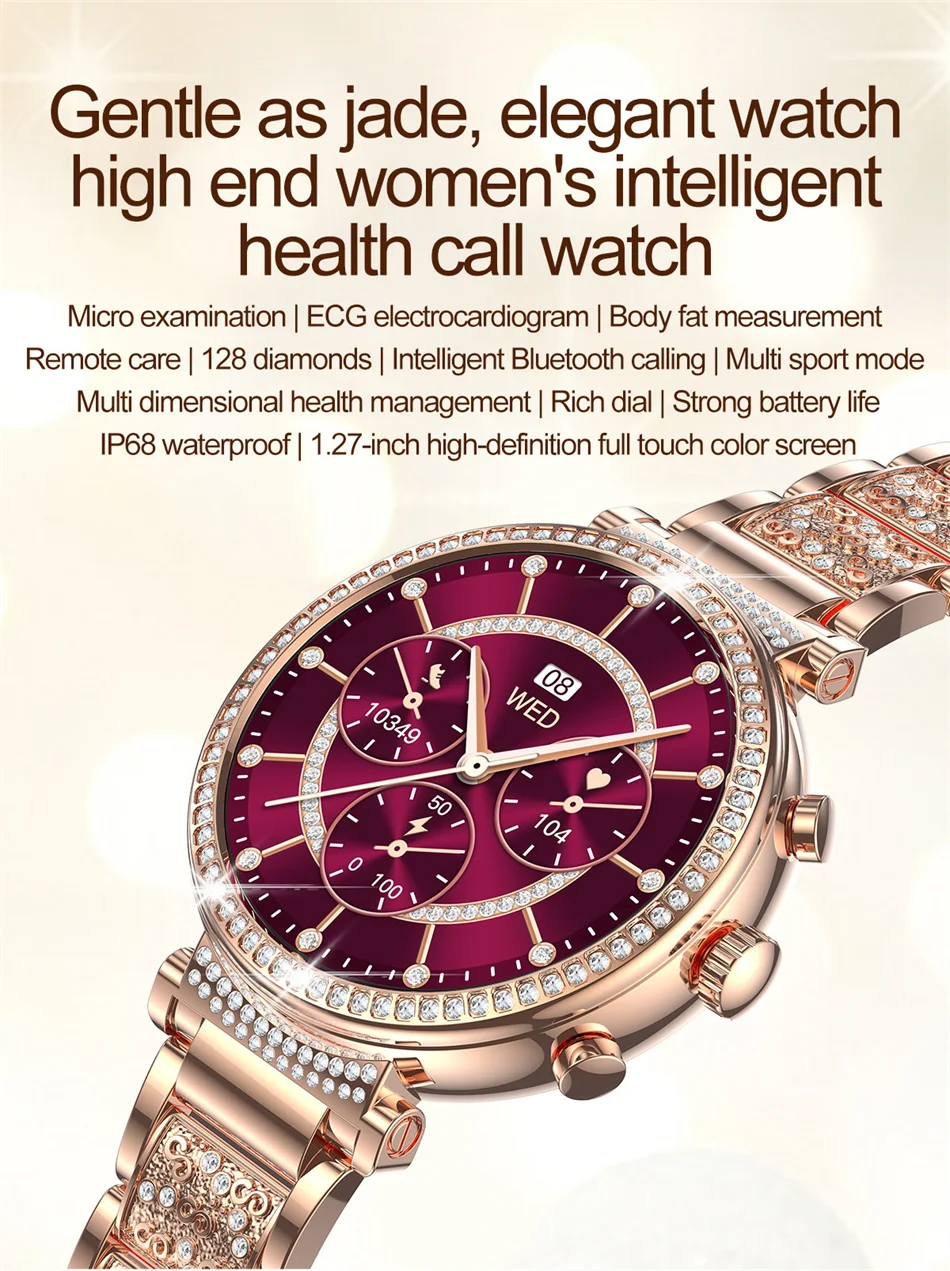 Women Diamond Smart Watch ECG Women Health tracking Watch Full Touch Screen BT Call Custom dial Smartwatch Compatible with Huawei & Xiaomi IOS