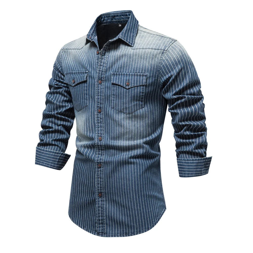 Men's Cotton Denim Shirts Striped Stretch Long Sleeve High Quality Jeans Shirts Casual Slim Cowboy Shirts For Men