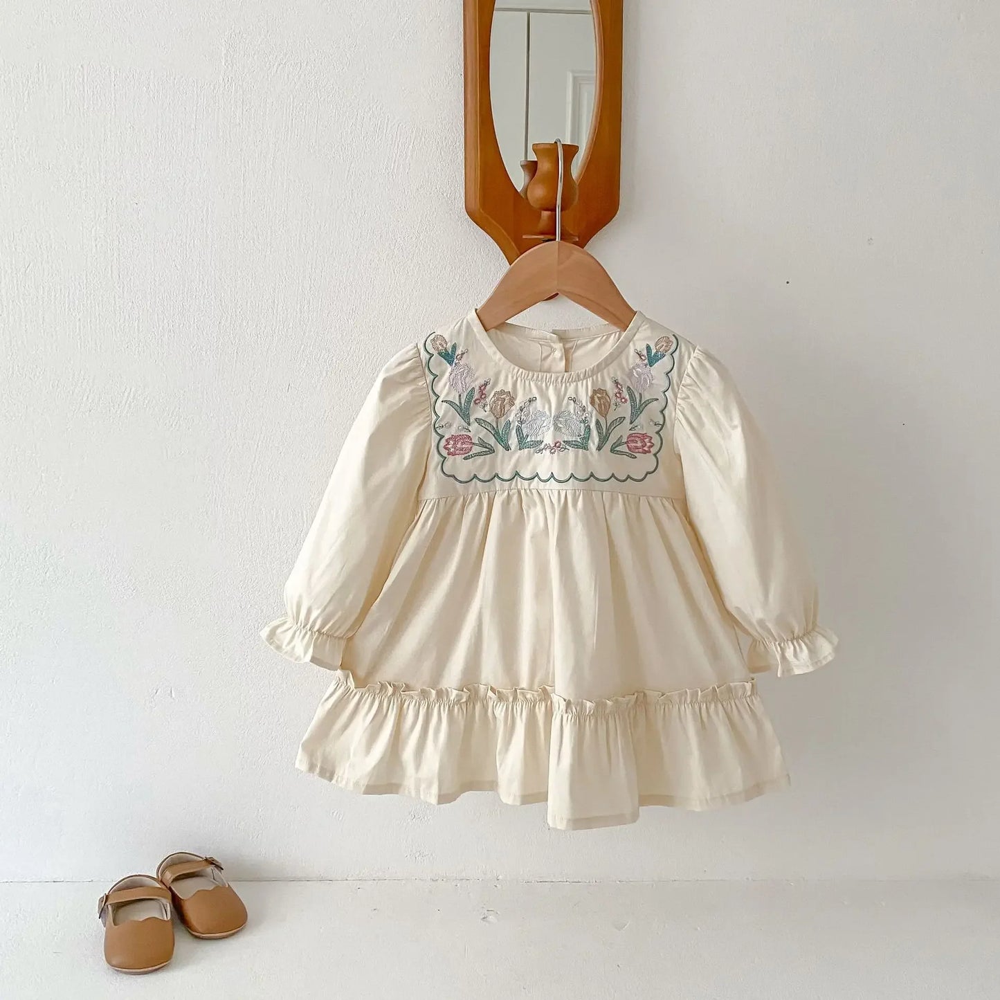 2025 Spring Children's Clothing Girls Casual Dress Puff Sleeved Embroidered Kid's O-neck Princess Dress 1-6Y Girls
