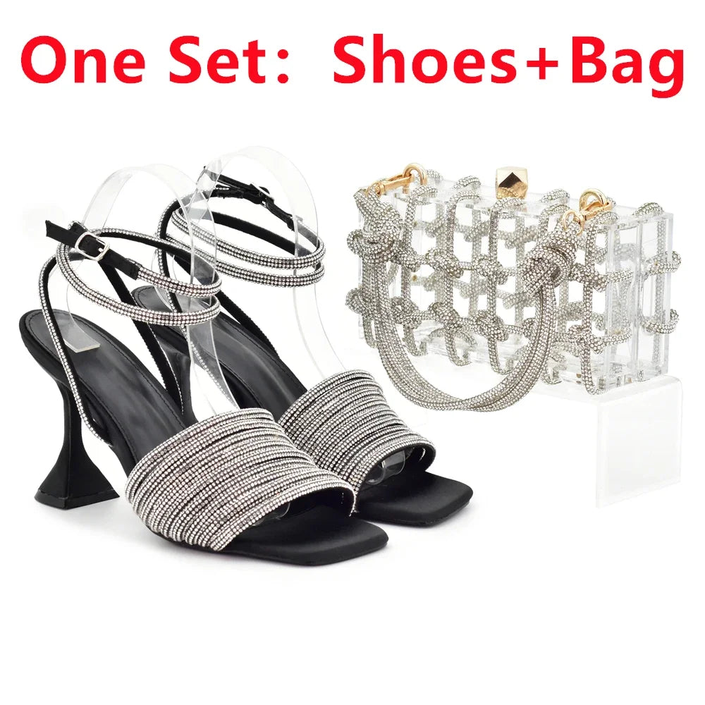 African Shoe and Matching Bag  Set Decorated with Rhinestone High Heels for Women
