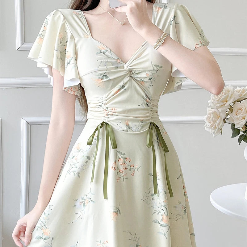 Elegant Pleated Ruffle Sleeve Swimsuit Women Fashion Printed Beach Bathing Suit Conservative Belly Covering Slimming Swimwear