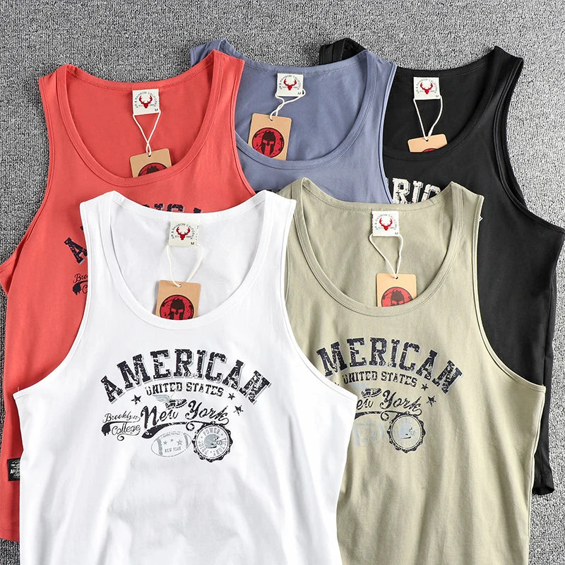Summer New American Retro Sleeveless O-neck Letter Printed T-shirt Men's Fashion 100% Cotton Washed Casual Sports Vest Tops