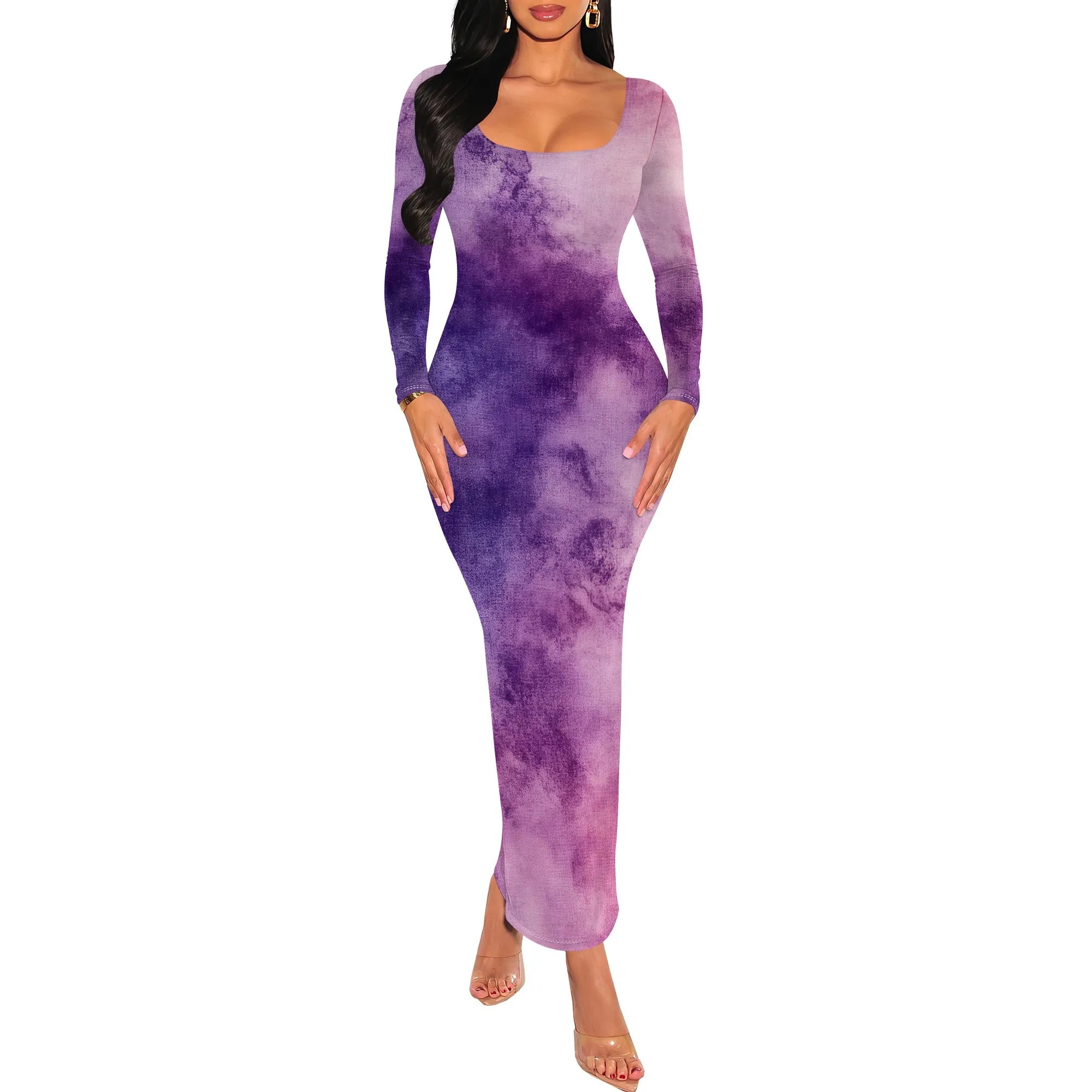 Women's Fall Trendy Dress Tie Dye Crew Neck Long Sleeve Bodycon Maxi Dress Casual Long Dresses
