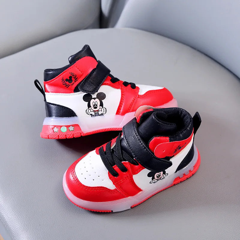 Disney Girls' Casual Sneakers PU Leather Mickey Mouse LED Light-Up Children's Sneakers - 1-6 Years Old Sports Casual Footwears