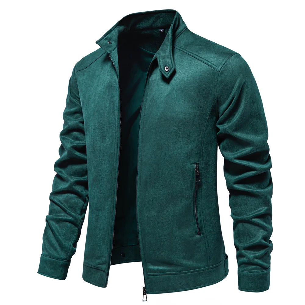 Men's Stand Collar Zip Suede Jacket Fashion Casual Business Faux Leather Trucker Jackets Coat for Men