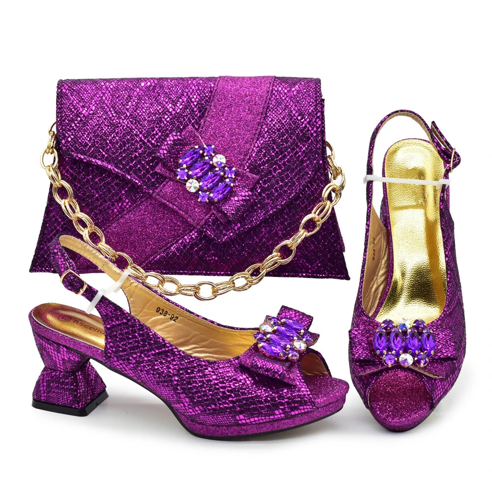 Women's Elegant Medium Heeled African Ladies Shoes and Bags Decorated with Rhinestone for Ladies' Luxury Pumps