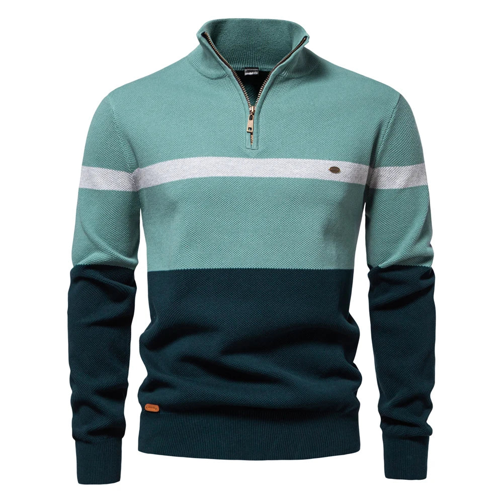 Men's High Quality Cotton Sweater Zipper Mock Neck Pullovers Male Autumn Winter Striped Warm Polo Sweater For Men