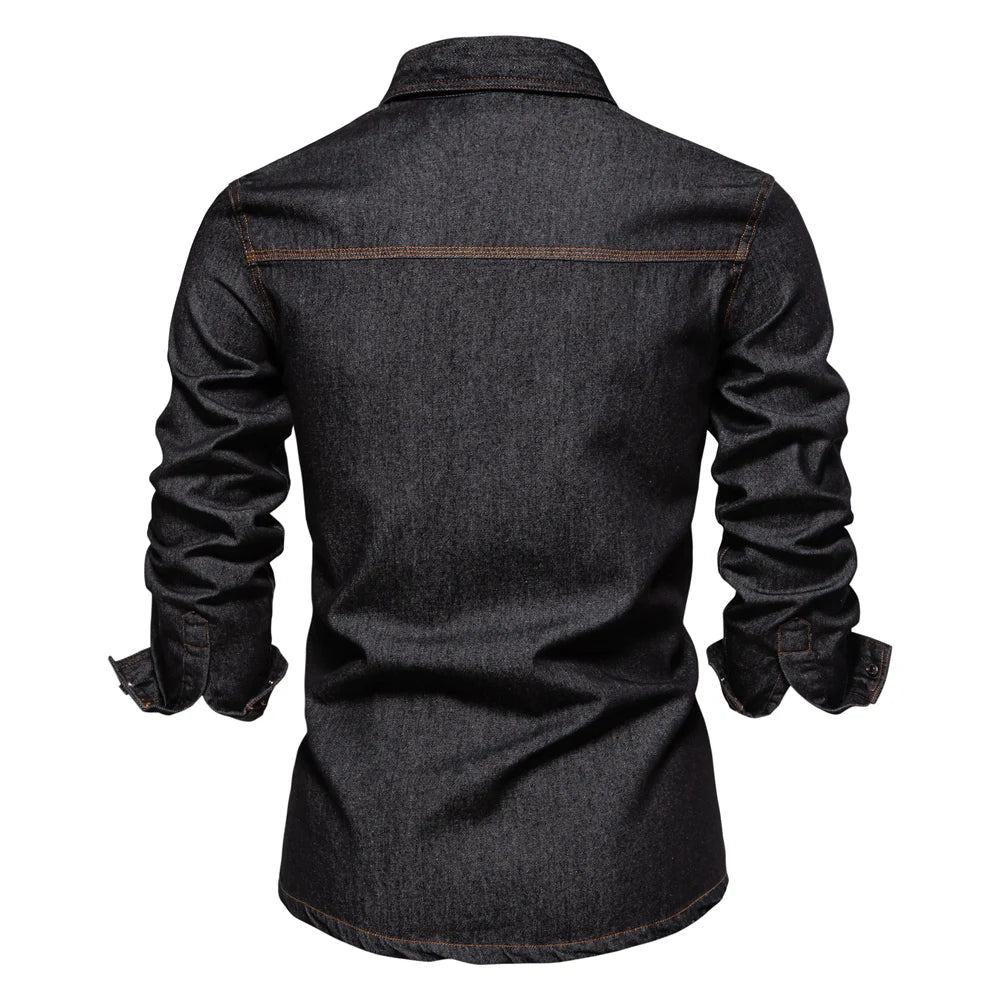 Men's 100% Cotton Denim Shirts Double Pocket Casual Cowboy Shirts Long Sleeve Autumn Jeans Shirts for Men