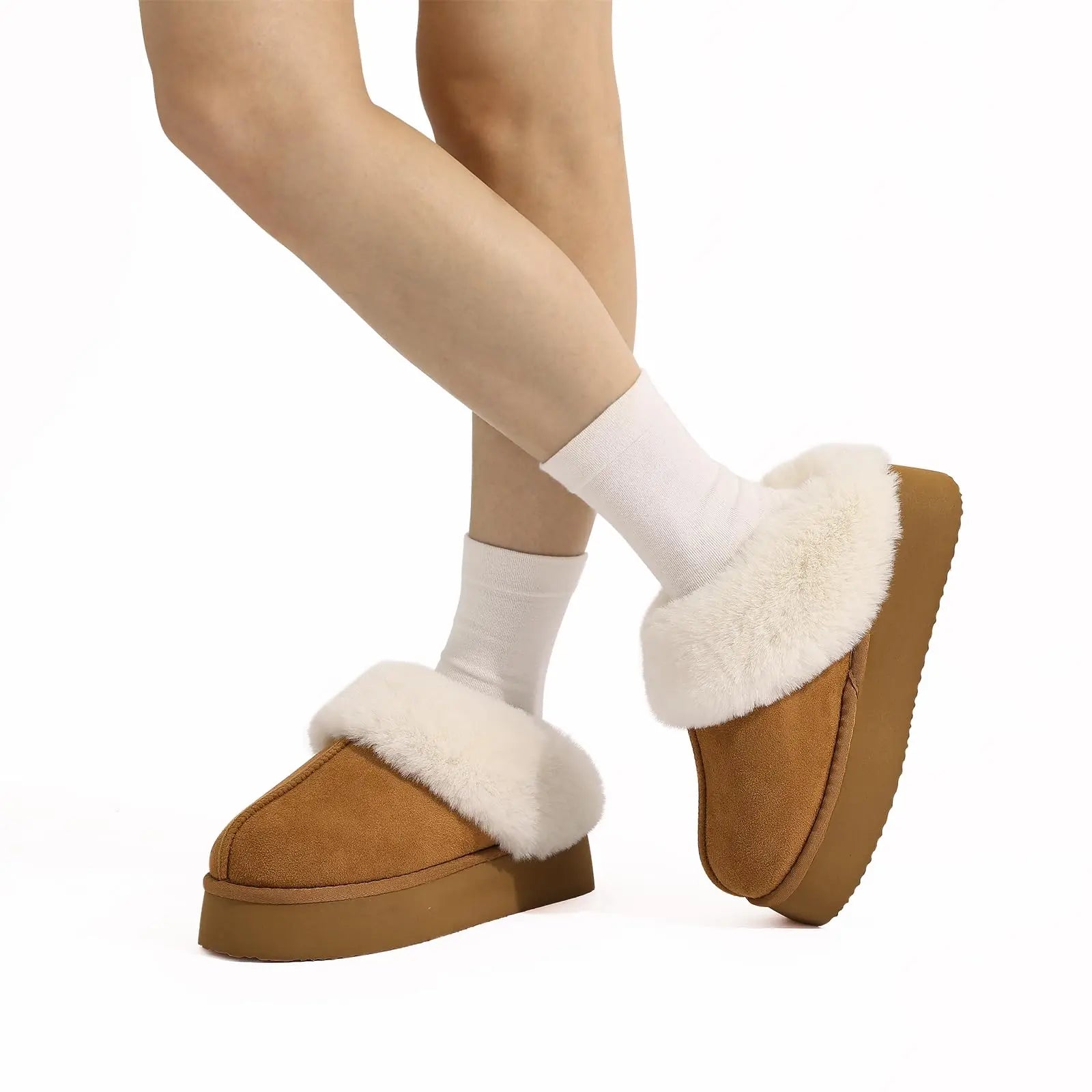 Women's Fashion Fur Winter Slippers With Thick Sole Fluffy Fuzzy Slippers and Anti-Slip Platform Slides Plush Shoes