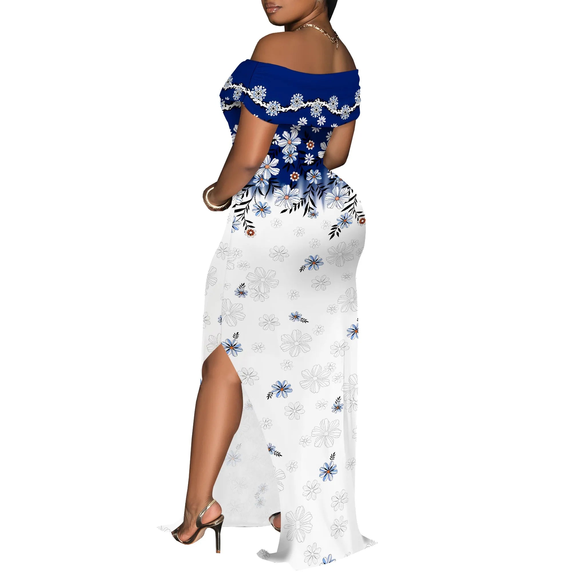 Elegant Off Shoulder Maxi Dress Ink Floral Print Bodycon Split Hem Summer Evening Look