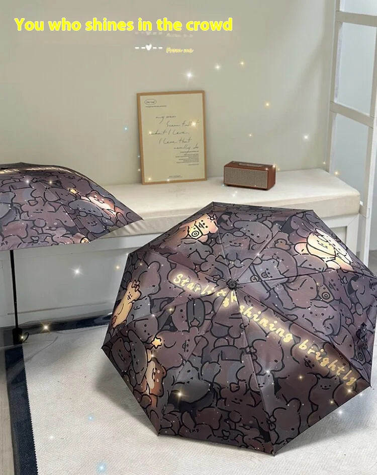Automatic Fold Umbrella with Shiny Puppy Design | All-Weather UV Sunshade | High - End Ins Style for Women